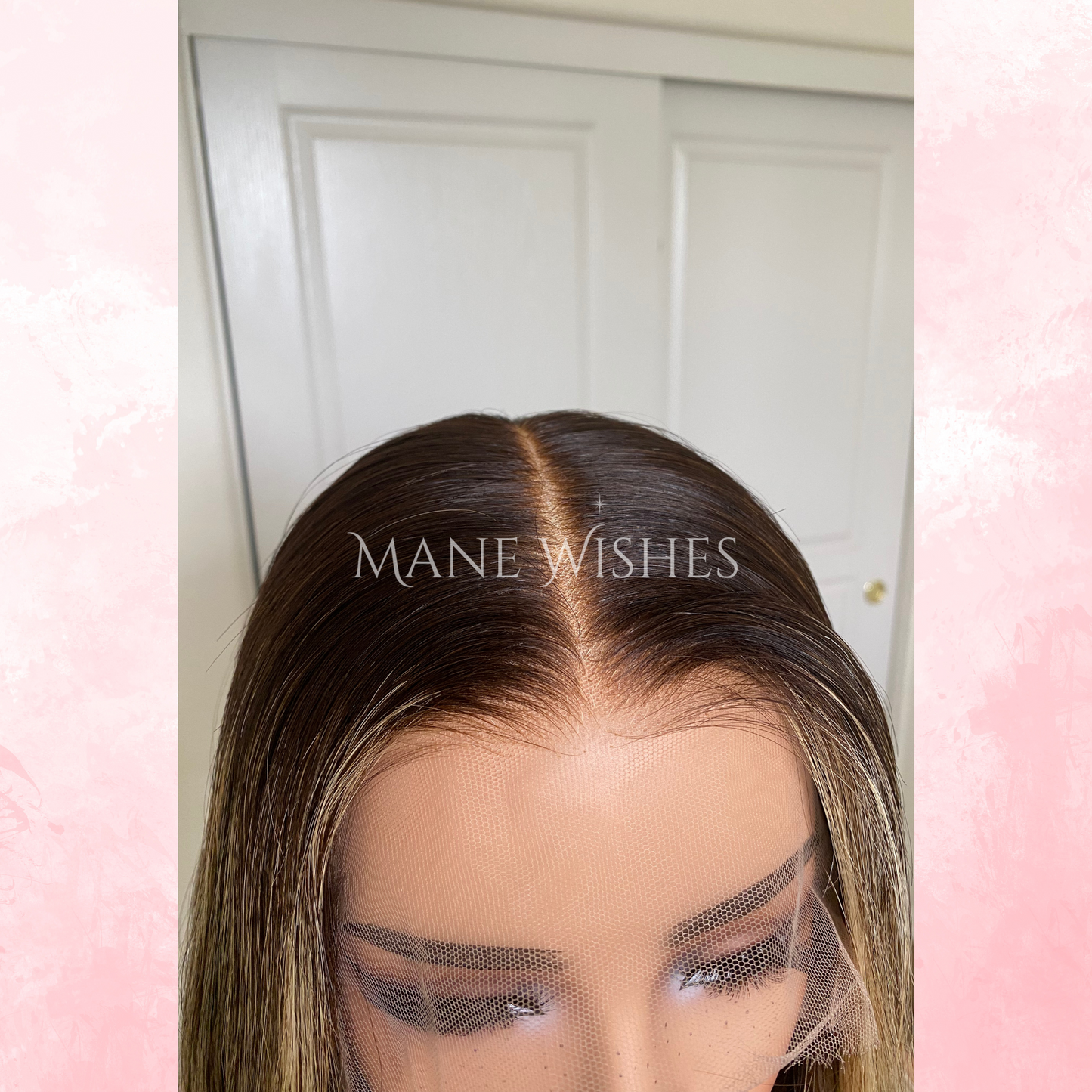 Mannequin head with lace front wig labeled 'Mane Wishes' against a white door background.
