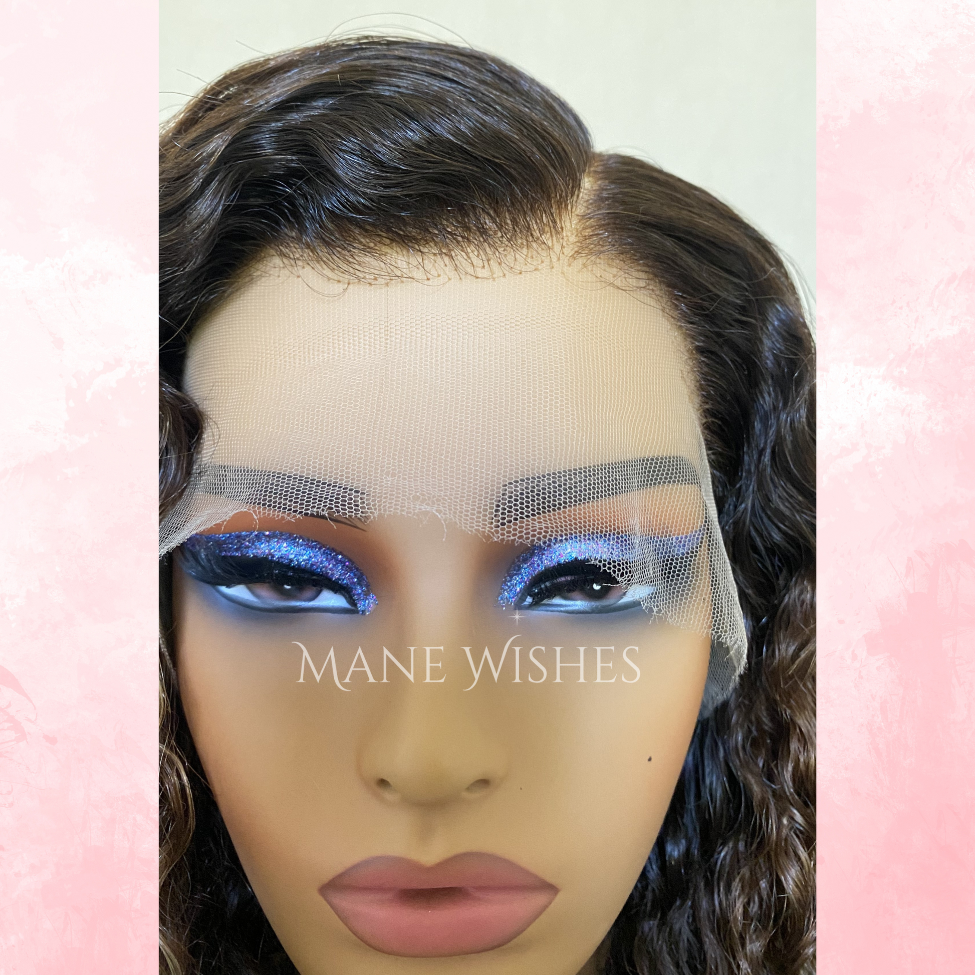 Mannequin head with a wig and 'Mane Wishes' branding on a pink and green gradient background.