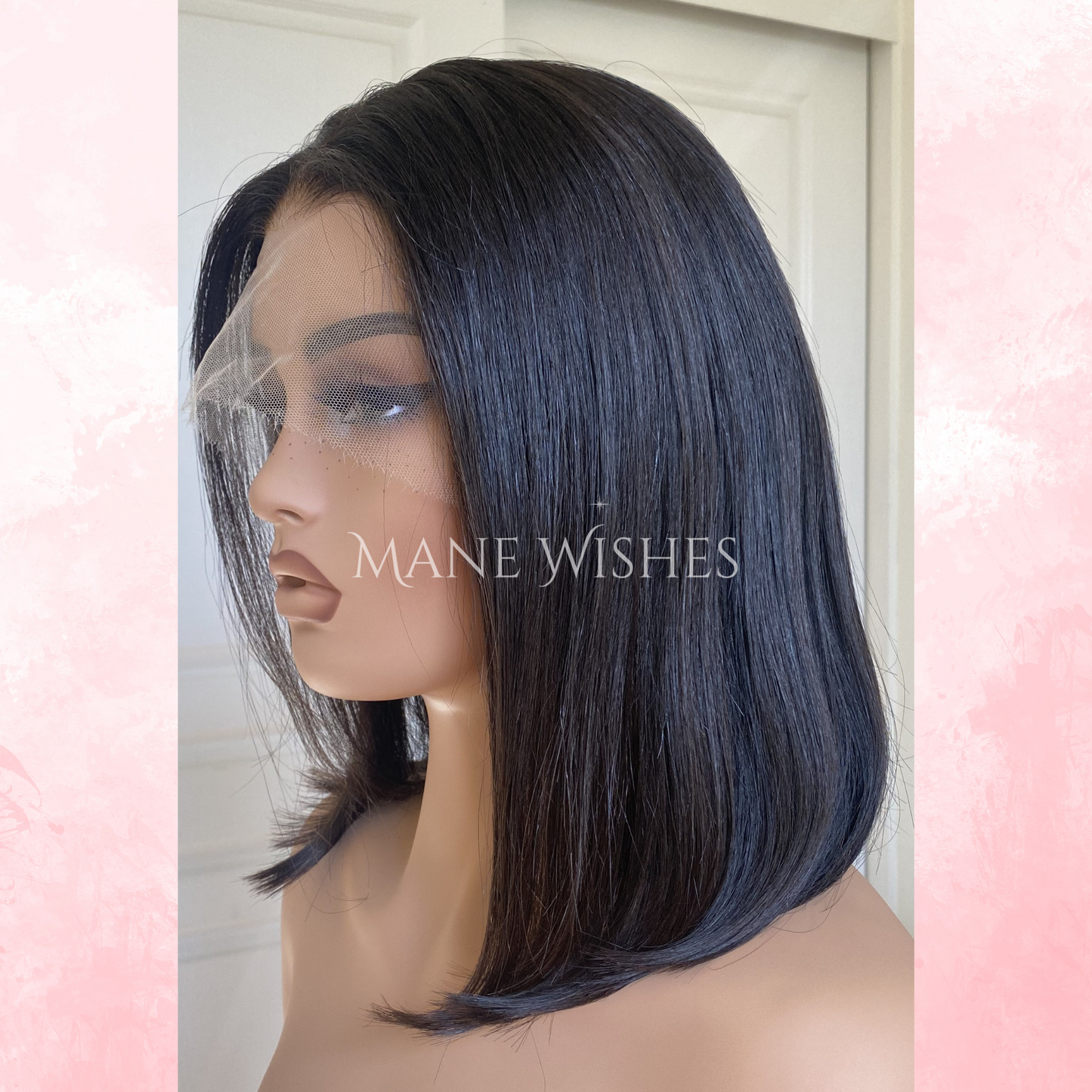 Mannequin head with a black bob wig on a white background, branded 'Mane Wishes'.