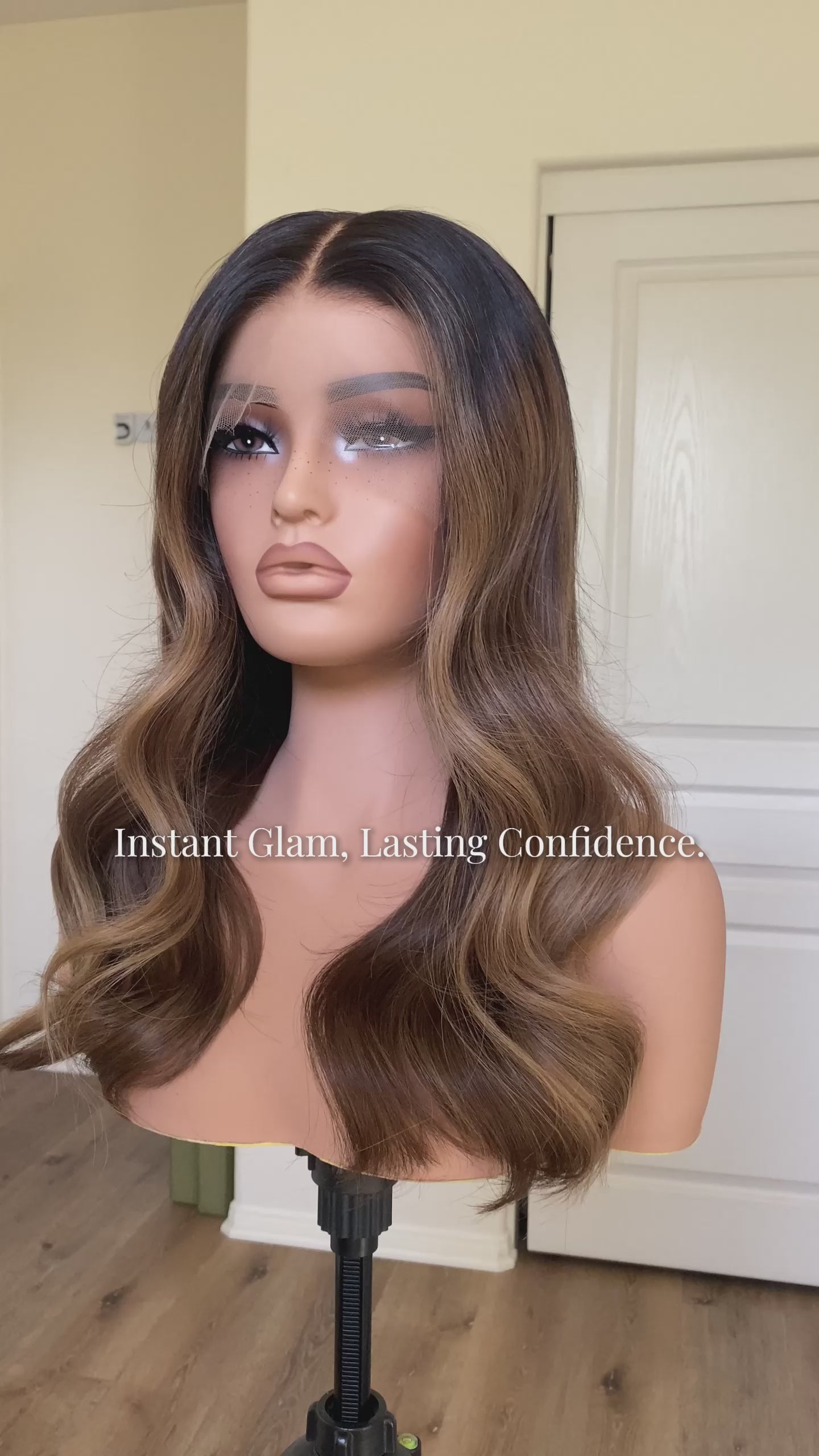 Mannequin head with a wig and 'Mane Wishes' branding on white background