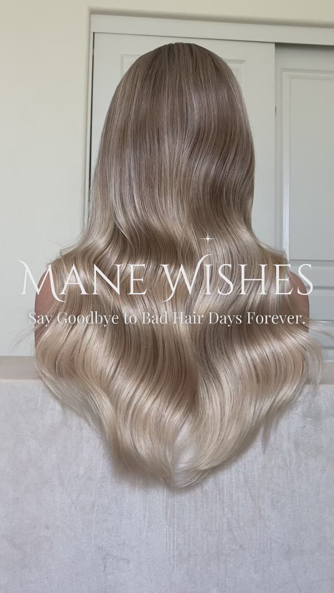 Mannequin head with blonde wig on a white background, branded 'Mane Wishes'.