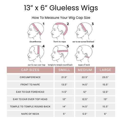 Chart for measuring wig cap size with illustrations and measurements.