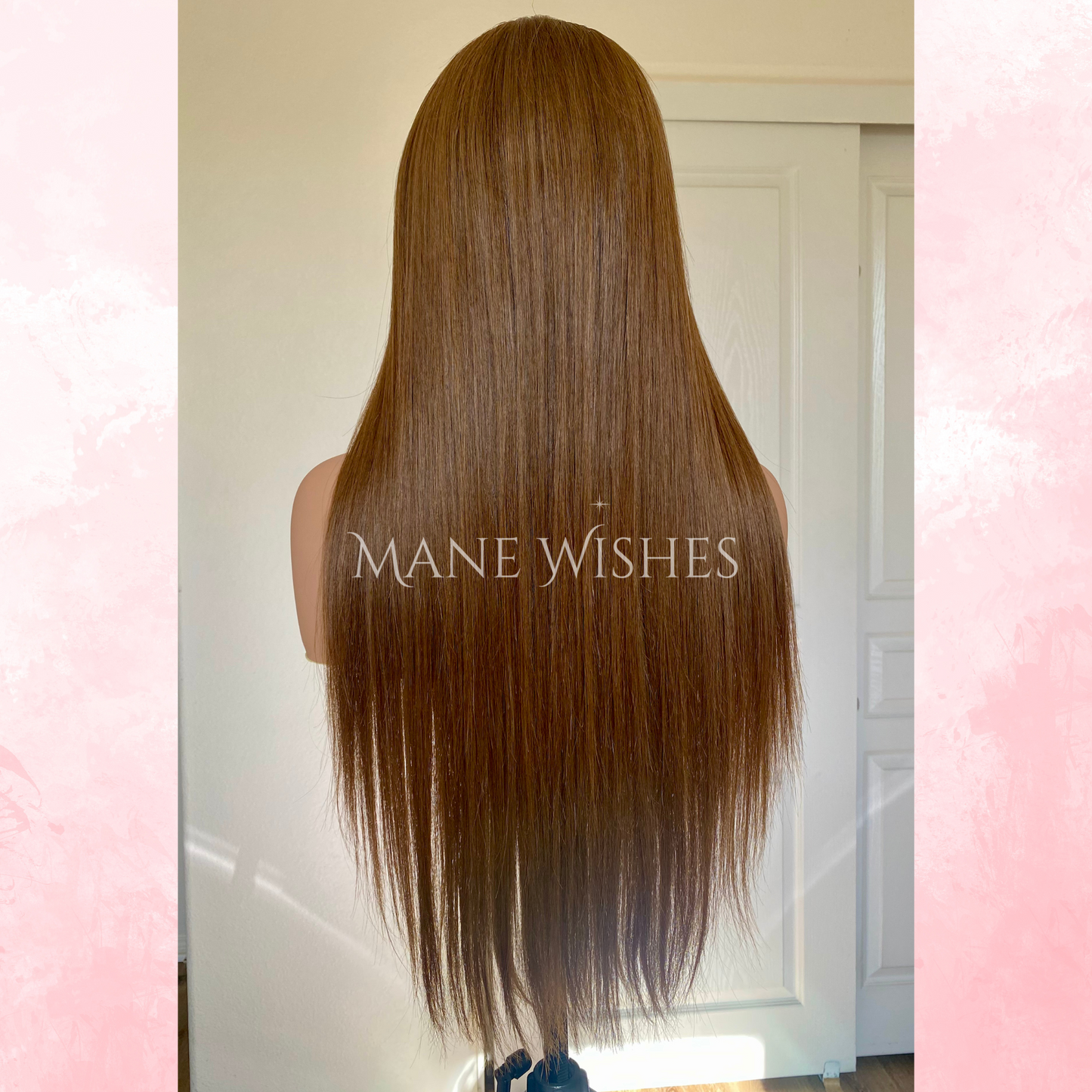 Mannequin with long brown hair against a neutral background with 'Mane Wishes' branding.